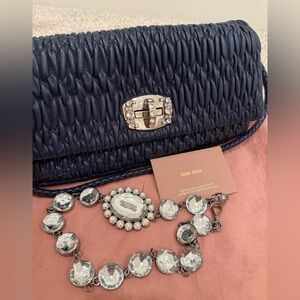 Miu Miu Dark Blue Quilted Clutch with Silver Accents